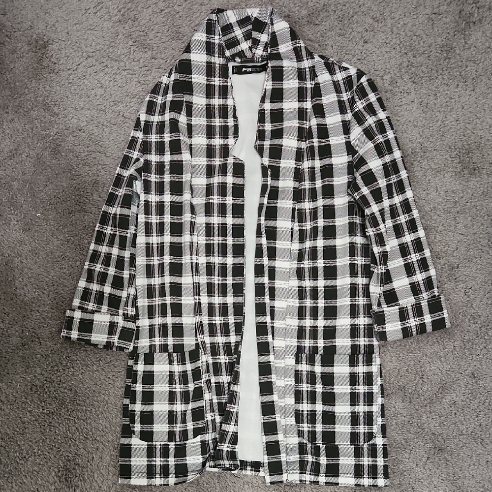 Black & White Plaid Longline Open Front Cardigan Jacket Blazer | Size M